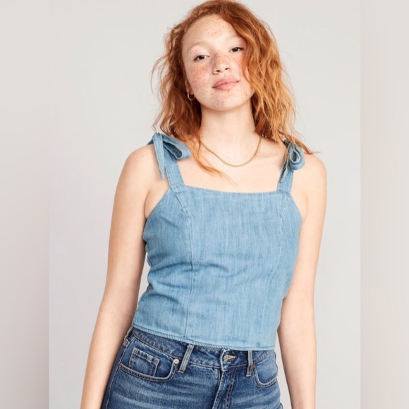 NWT! Light Wash Fitted Tie-Shoulder Cropped Jean Corset Cami Top 💛 - Picture 1 of 8